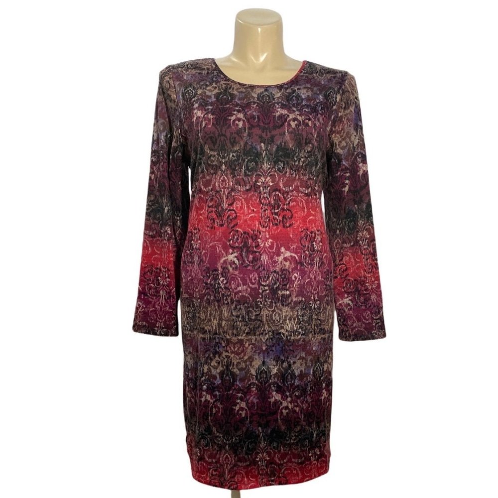 Kandy Kiss XL Shift Dress Brown Red‎ Purple Ombre Vintage Print Long Sl Pretty